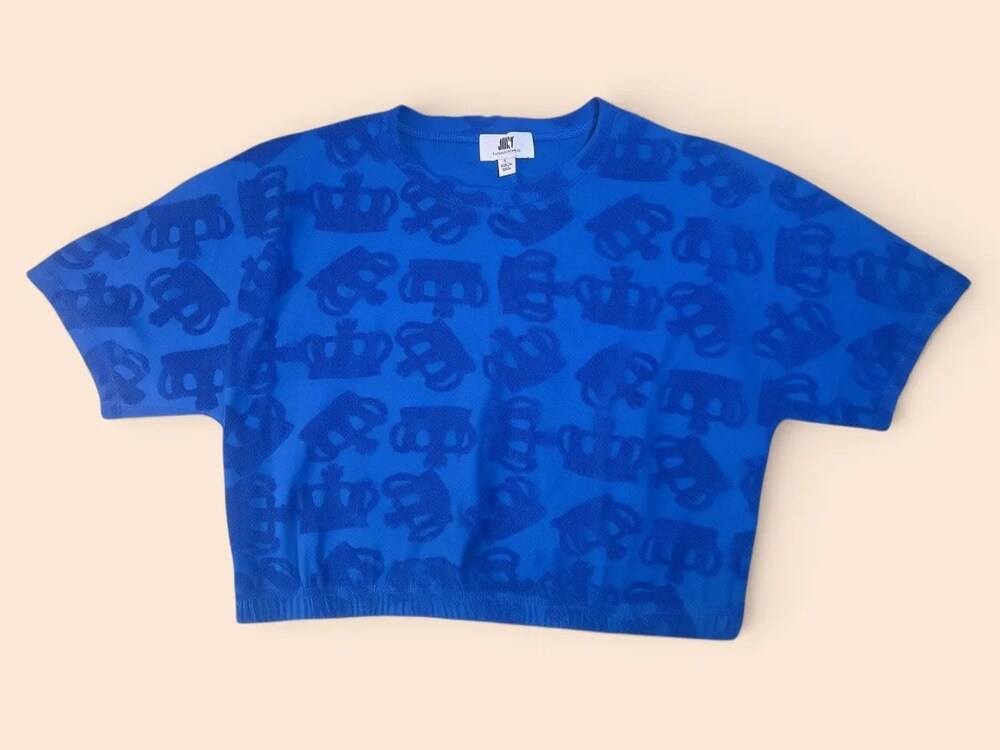 Juicy Couture Y2K Style Embossed Crown Logo Terrycloth Short Sleeve Crop Top L